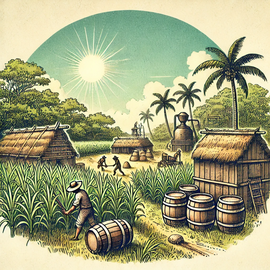 Historische Darstellung Rumproduktion auf karibischen Zuckerrohrplantagen im 17. Jahrhundert